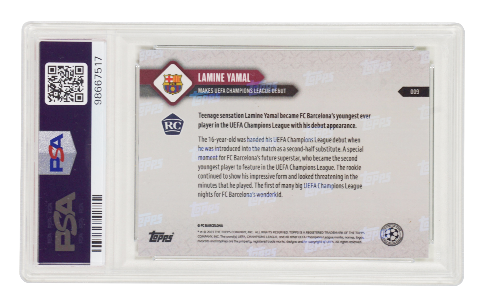 Lamine Yamal Signed 2023-24 Topps Now UCL #9 Rookie Card – PSA 9 Autograph 10